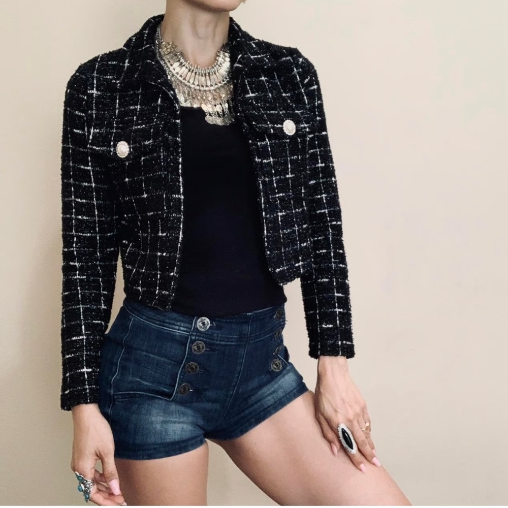 Sincerely Jules Cropped Black Tweed Jacket with Pearl Buttons
